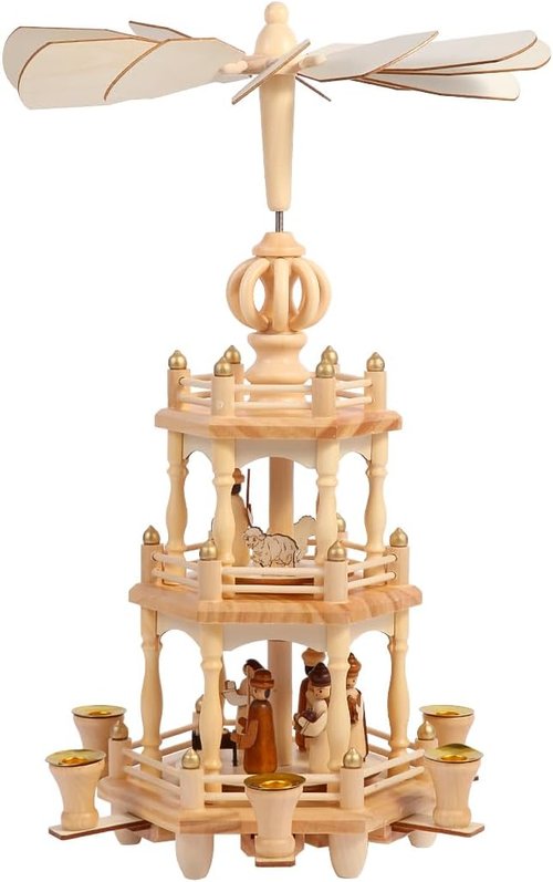 Christmas Pyramids | 18-Inch Wooden Nativity Scene Carousel with 6 Candle Holders - 3 Tiers