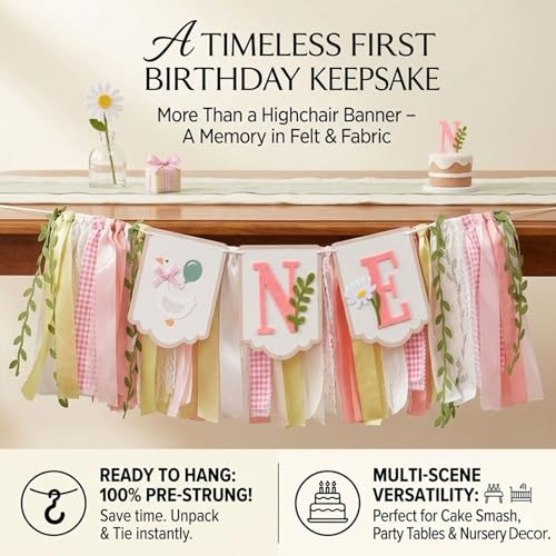 Silly Goose High Chair Banner for Baby Girl's 1st Birthday - Pink & Gold