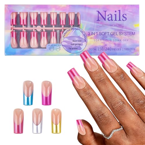 CHANGAR 150Pcs Rainbow Rectangle French Gel Nail Tips, Pre-Applied Base Coat Press On Nails