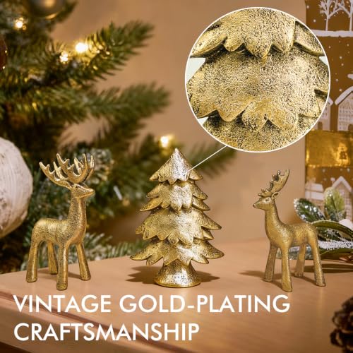 Christmas Reindeer & Tree Figurines Set of 3 - Gold Resin Holiday Decor - Variation of Reindeer & Tree