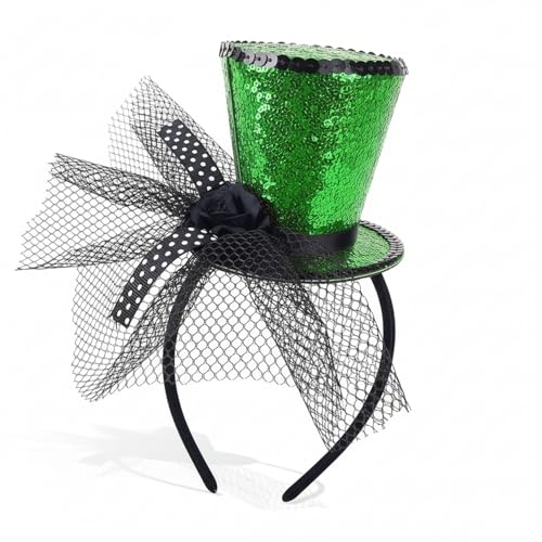 St. Patrick’s Day Green Sequin Mini Top Hat Headband with Tulle & Rose