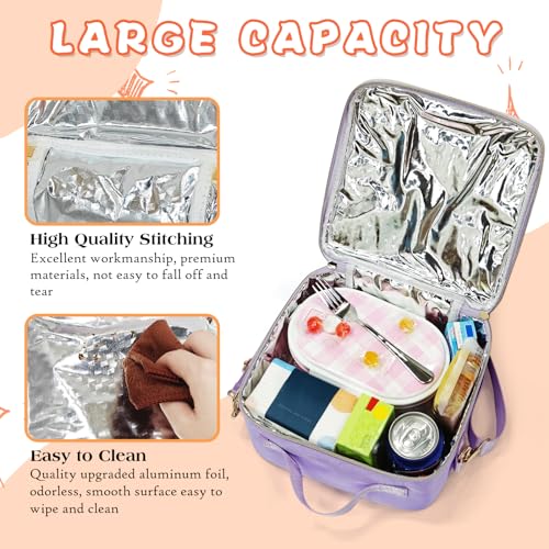 LOKFAR Insulated Lunch Bag for Kids & Teens - Cute Waterproof Nylon with Adjustable Strap (Purple)