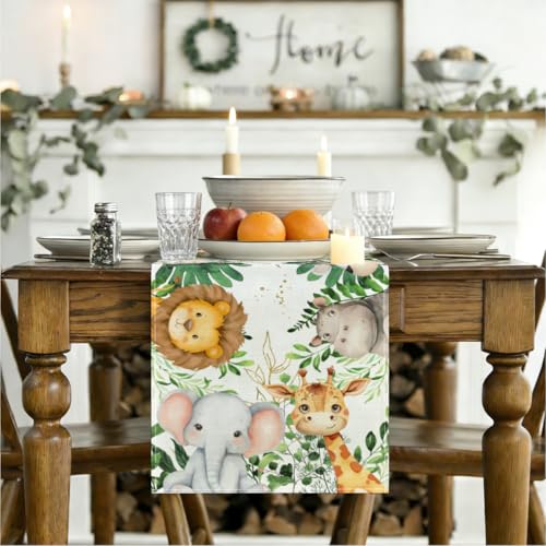 Elephant Giraffe Baby Shower Table Runner - Animal Seasonal Spring Decoration - 13x72 Inches