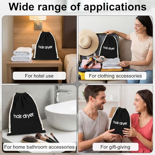 Black Canvas Hair Dryer Travel Bag 11.8x15 Inch Drawstring Storage Pouch