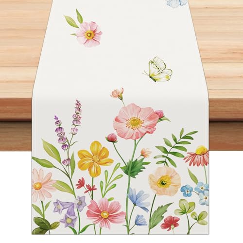 Floral Table Runner 13x72 Inch - Pink Blue Butterflies for Spring