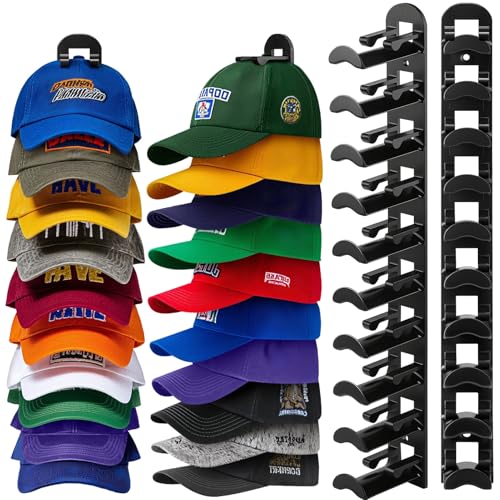 Hatisan Hat Organizer for Wall - 2 Pack Black Baseball Cap Rack Holds 20 Hats