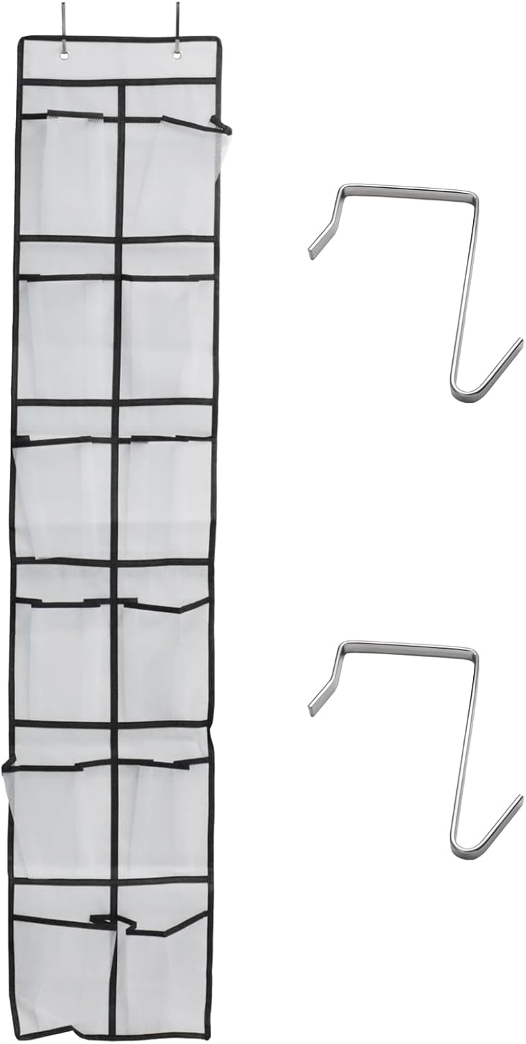 Over The Door Shoe Organizer - 12 Mesh Pockets with 4 Metal Hooks | Space-Saving Design (White)