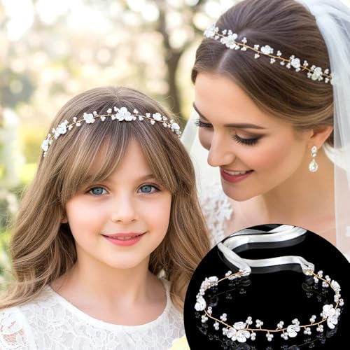 Dopenspi Pearl Flower Girl Headband Crystal Hair Accessory for Wedding