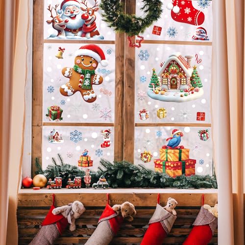 Christmas Window Stickers 6 Sheets 173pcs Reusable Static Clings Santa Gingerbread Snowflakes