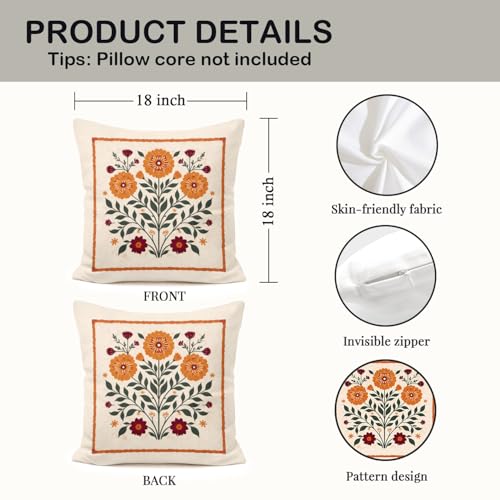 Orange Floral Throw Pillow Cover, 18x18 Boho Botanical Cushion Case