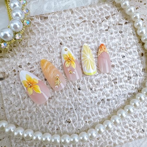 French Tip Press on Nails Medium Almond Fake Nails 3D Flower Lemon Design