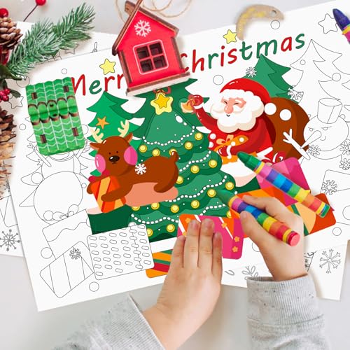 Merry Christmas Disposable Kids Place Mats - 12 Coloring Sheets 17x11 Inches