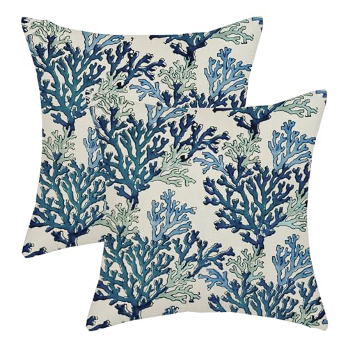 AGAYNA Navy Blue Coral Coastal Throw Pillow Covers 18x18 Set of 2