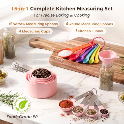 15-Piece Measuring Cups and Spoons Set with Stainless Steel Handles - Colorful & Durable