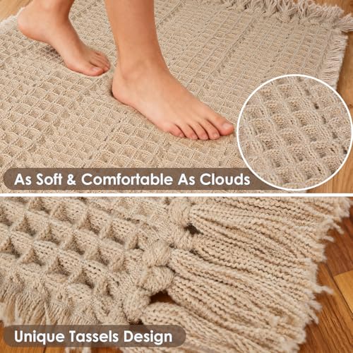 Super Absorbent Waffle Bath Mat with Tassels - Non-Slip, Soft, Quick Dry, 17"x24" Khaki