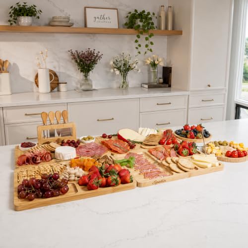 Large Modular Bamboo Charcuterie Board Set with Knives and Accessories