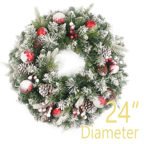 Flocked Christmas Wreath 24 Inch Pre-lit with 50 LED Lights, Red Balls & Pine Cones – Battery Operated Variation 50