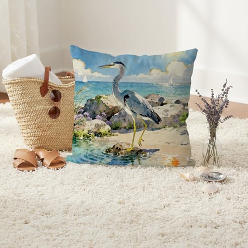 GAGEC 18x18 Inch Blue Heron Pillow Cover for Summer Decor