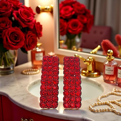 Red Rhinestone Snap Hair Clips for Women - 2 Pack Rectangular Hair Barrettes