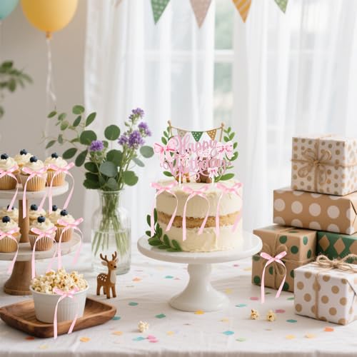Retro Bow Cake Topper Set with Happy Birthday Sign - 10 Pieces