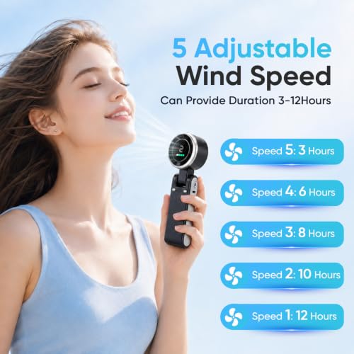 Lacolain 5-Speed Handheld Turbo Fan, 4000mAh USB-C Rechargeable Mini Fan - Black