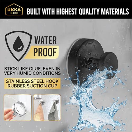 UKKA HOME Suction Cup Hooks, Stainless Steel Waterproof Hook (2-Pack, Black)