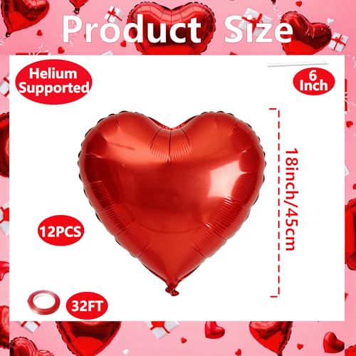 18-Inch Red Heart Balloons - 12 Premium Foil Mylar Decorations