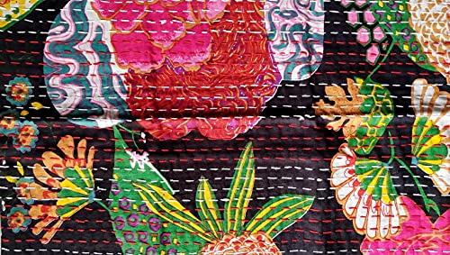 Handmade Black Cotton Kantha Cushion Cover - 16x16 Inches