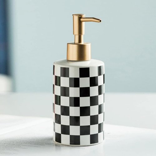 Checkered Ceramic Soap Dispenser White and Black,Liquid Lotion Dish Hand Checkerboard Soap Dispenser Bottle with Golded Pump Plastic for Kitchen,Bathroom,Washroom