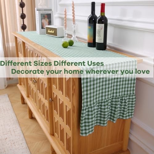 Green White Plaid Gingham Ruffle Table Runner - 13x72 Inch, Cotton