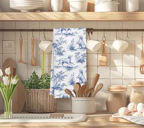 Chinoiserie Golden Retriever Kitchen Towel, Blue and White Porcelain Print
