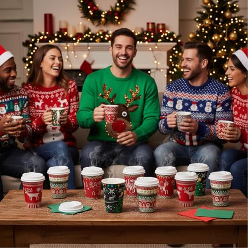 Gerrii 100 Pack Christmas Paper Cups with Lids 12 oz Ugly Sweater Style