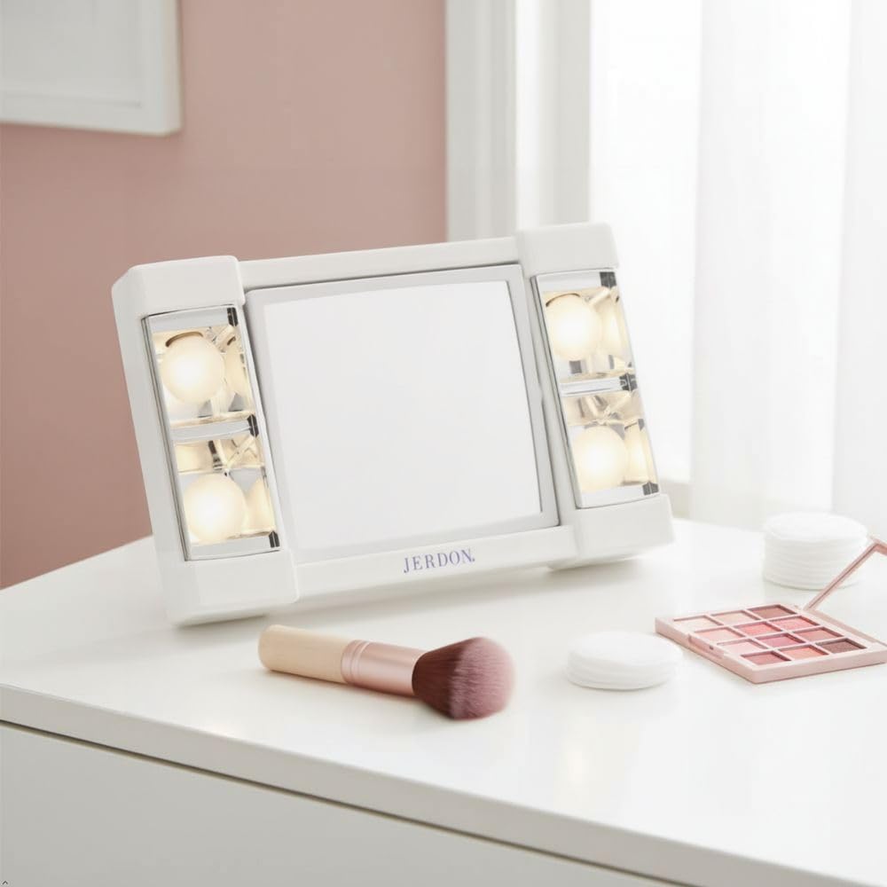 JERDON Two-Sided Makeup Mirror with Lights - Vanity Mirror with 3X Magnification & Glare-Free Lighting - White Base - Model J1010