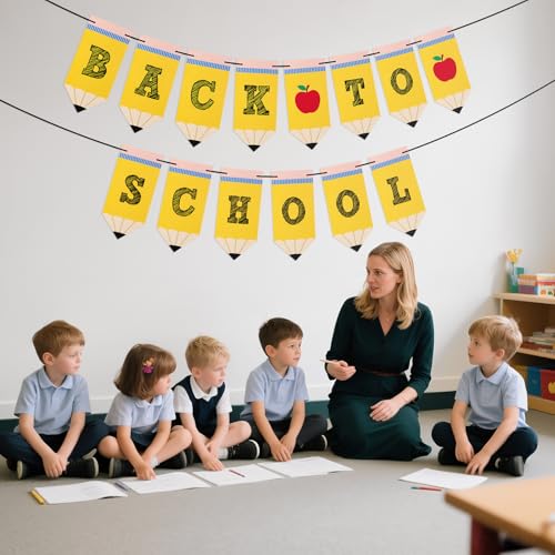 jijAcraft Pre-Strung Back to School Banner - Yellow Pencil & Apple Garland