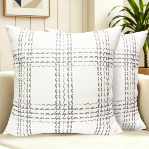 Light Gray Plaid Throw Pillow Covers 18x18 Inch Set of 2