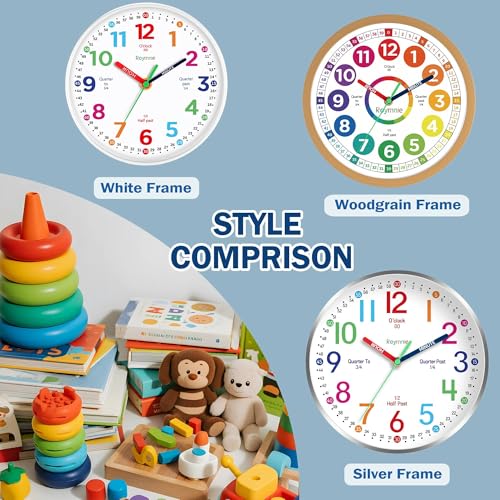 Roymnie 8-Inch Kids Learning Wall Clock - Silent Non-Ticking White Grain
