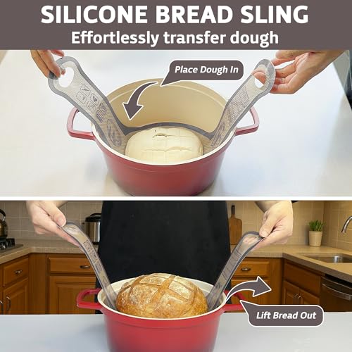 Silicone Bread Sling for Dutch Oven - 2-Pack Red Oval & Gray Round Mats