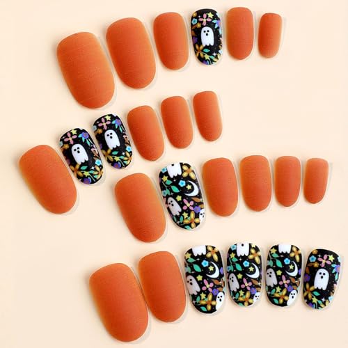 Halloween Press on Nails Short Oval Matte False Nails with Ghost Pattern