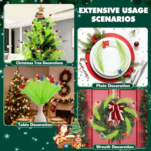 Santa-Mix Christmas Tree Topper Decorations - 10 Pcs Lime Green Pampas with Santa Hats