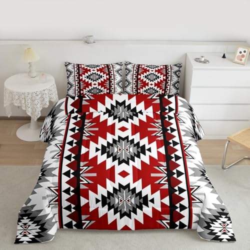 Jejeloiu Boho Kids Full Bedding Set Aztec Design Dark Gray Red 3-Piece