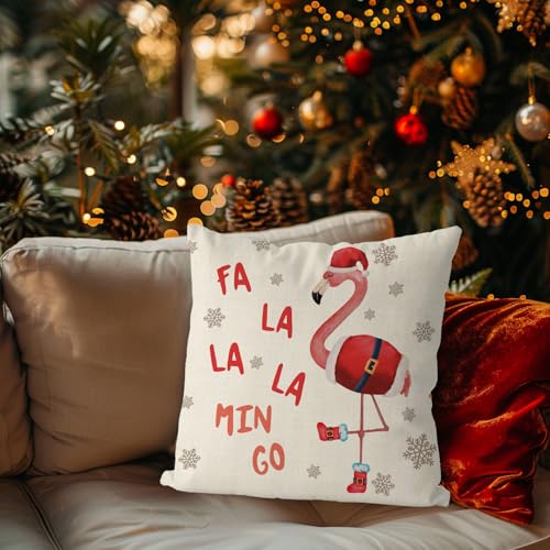 Christmas Flamingo Throw Pillow Cover 18x18, Red Snowflake Xmas Cushion Case