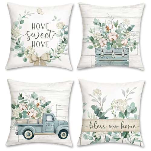 Eucalyptus Leaves Throw Pillow Covers Set of 4 - 18x18 Inch Velvet Decorative Cushions for Home Decor