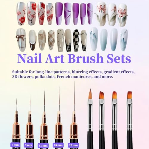 9-Piece Nail Art Brush Set with 5 Thin Liners and Gel Brushes