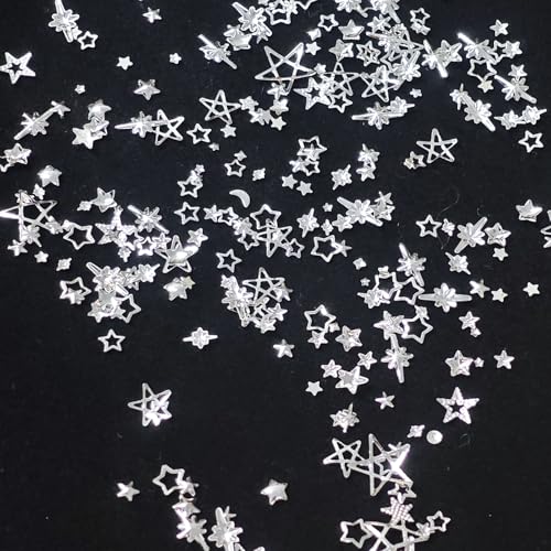 Silver Star Nail Charms 3D Metal Studs Mix Size DIY Manicure Art Decor