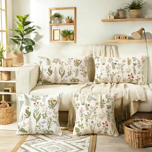Spring Floral Pillow Covers 18x18 Pack of 2 Sage Green Farmhouse Decor