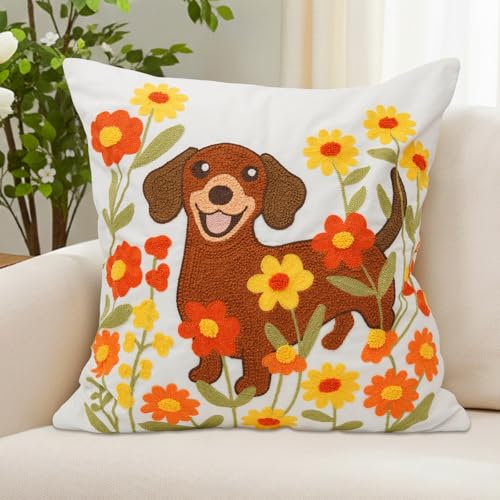 QIONG MENG Dachshund Pillow Cover 18x18 Inch Weiner Dog Embroidered Fall Decor