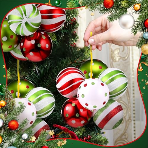 Christmas Ball Ornaments Set - Red White Green Cute & Shatterproof, 24 Pcs with Clusters & Ribbons