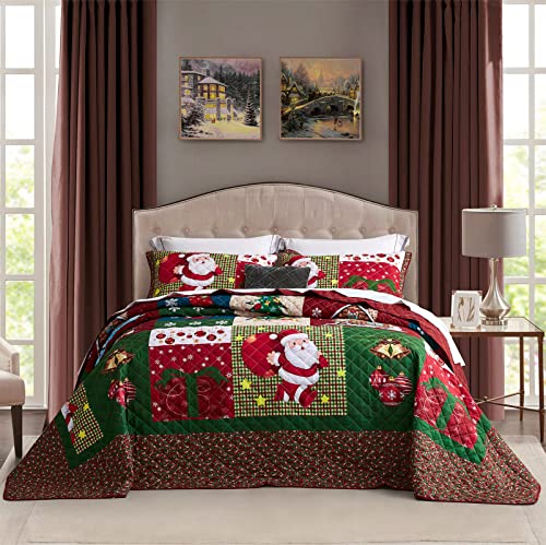 Christmas Oversized King Bedspread with Santa Pattern - Rustic Lodge Quilt Set, 3 Pieces