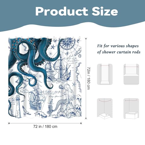 Blue Nautical Octopus Mermaid Shower Curtain 72x72 inch Waterproof Coastal Decor