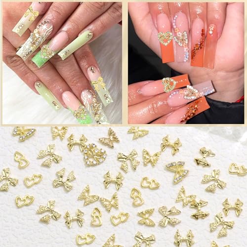 RODAKY 44PCS Gold Nail Charms 3D Bow Butterfly Metal Gems